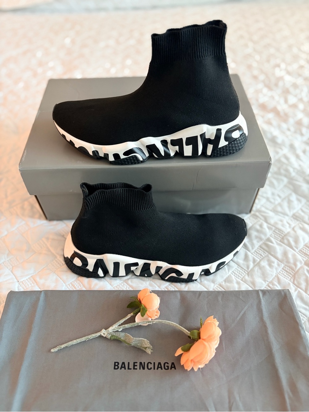 Balenciaga Speed Trainer Graffiti Sock Sneakers Black White EU 36 US 6